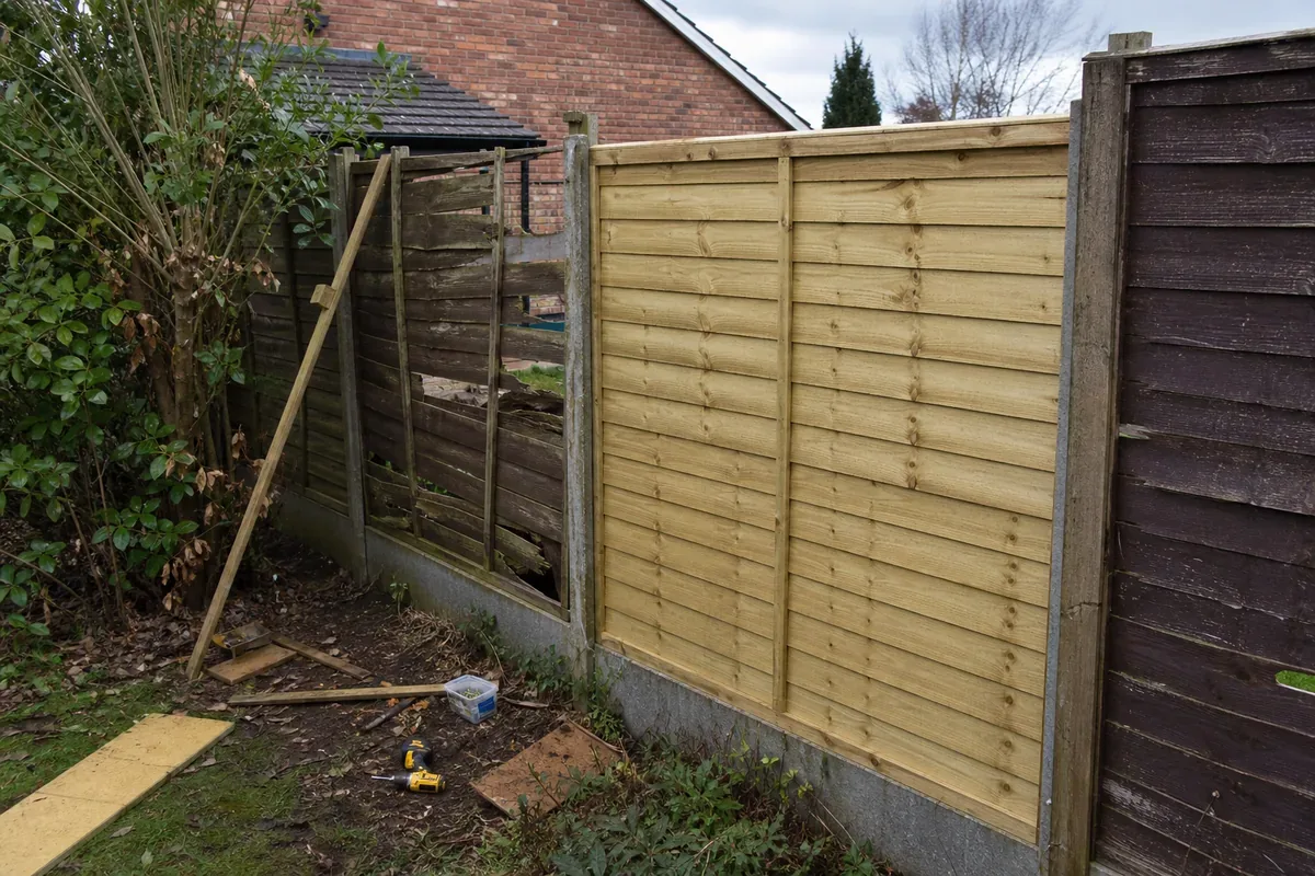 Fence repair work replacing storm-damaged panels in Winsford